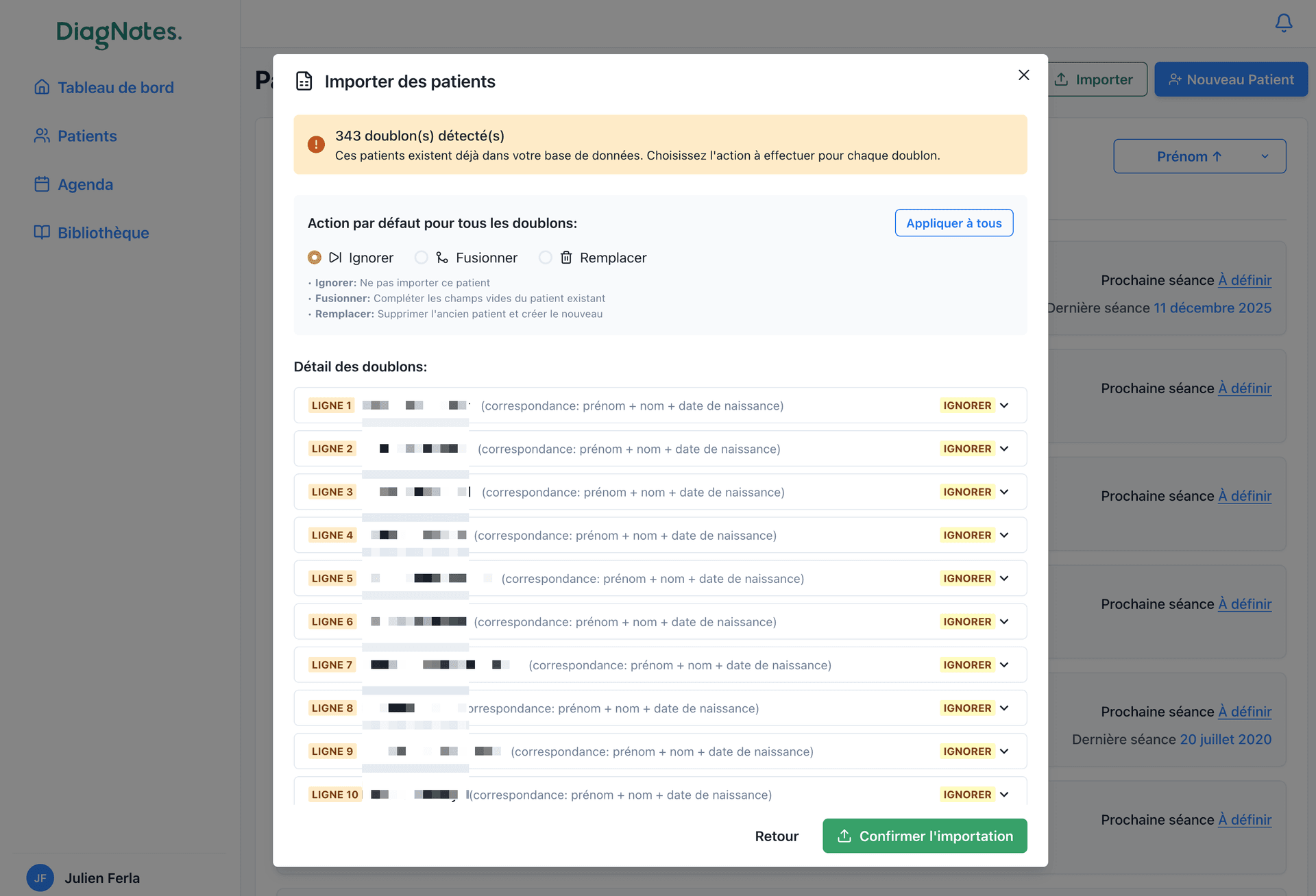 Téléchargement du fichier d’export doublons fichier CSV OneDoc